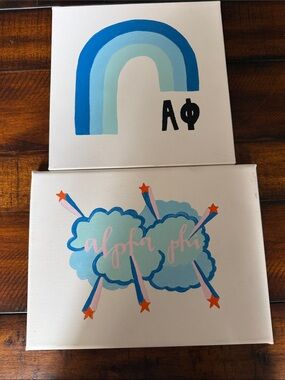 Hand-Painted Duo: Cloud Burst & Blue Rainbow Canvases Alphi Phi